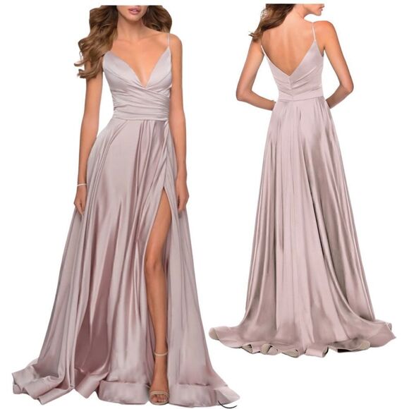 NWTs La Femme Strappy Back Satin Ballgown Size 2 - Picture 1 of 11